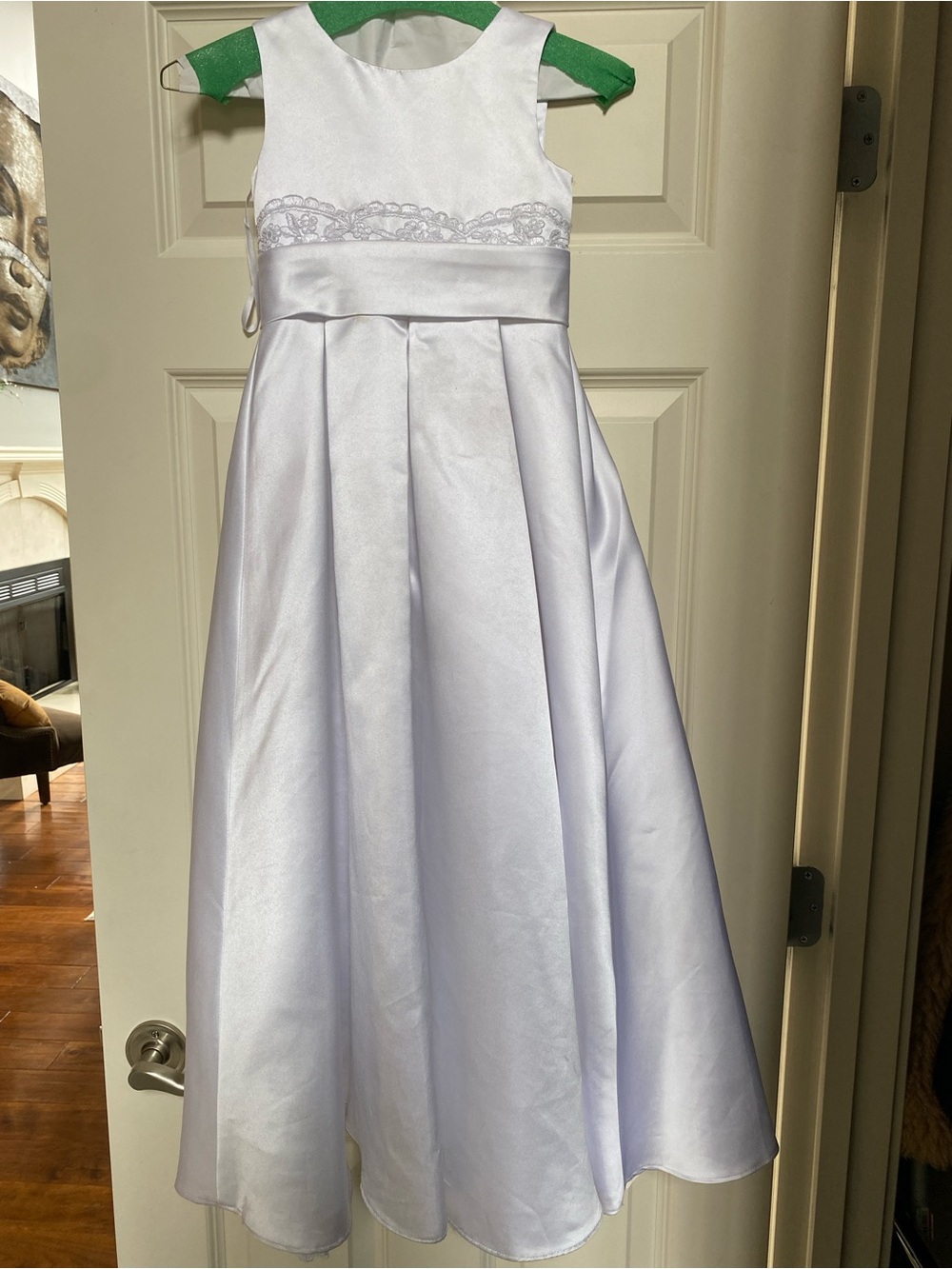 Girls Formal White Satin Flower Girl Dress with Lace Waist